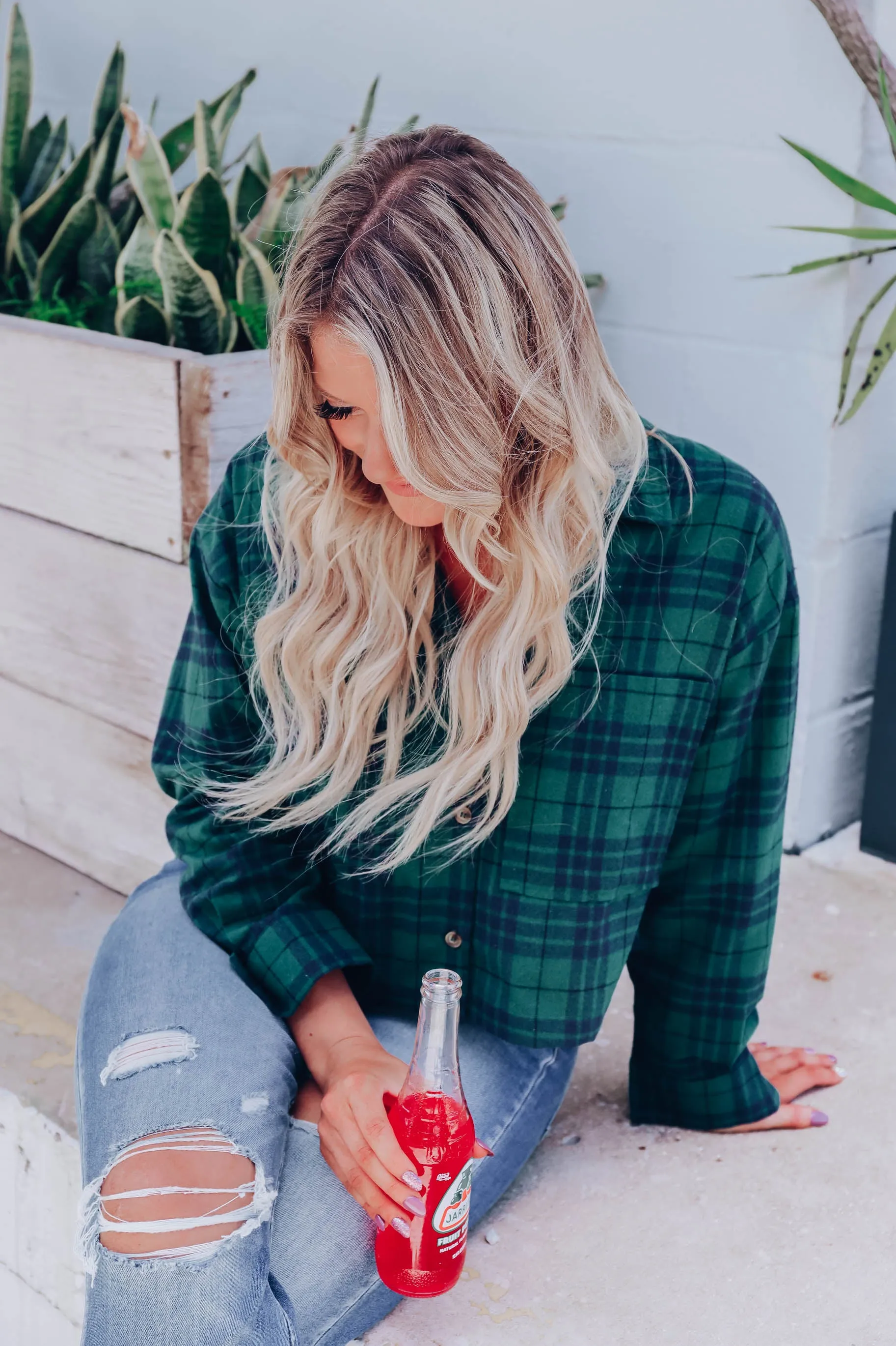 Be Sweet Cropped Flannel Shirt - Green