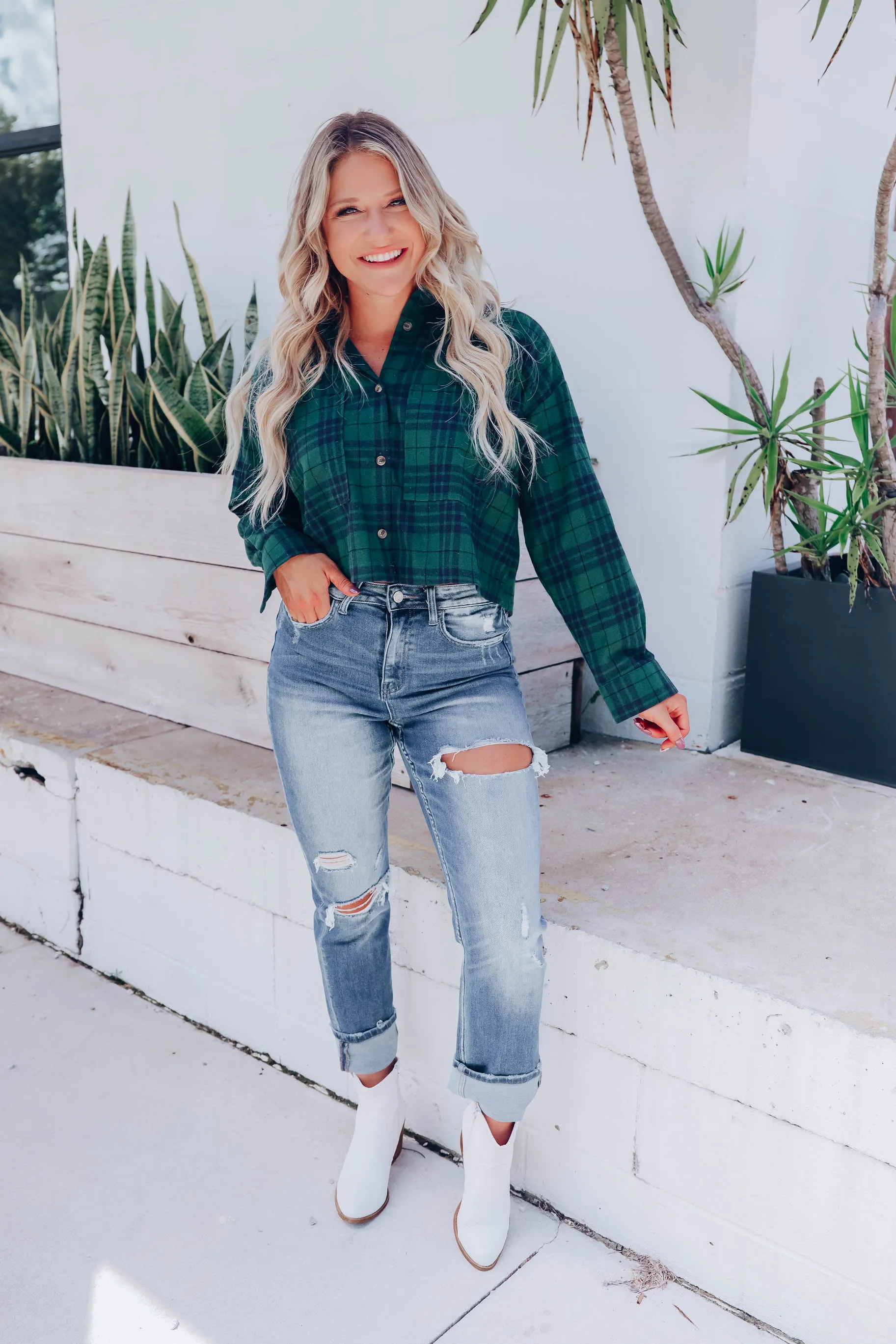 Be Sweet Cropped Flannel Shirt - Green