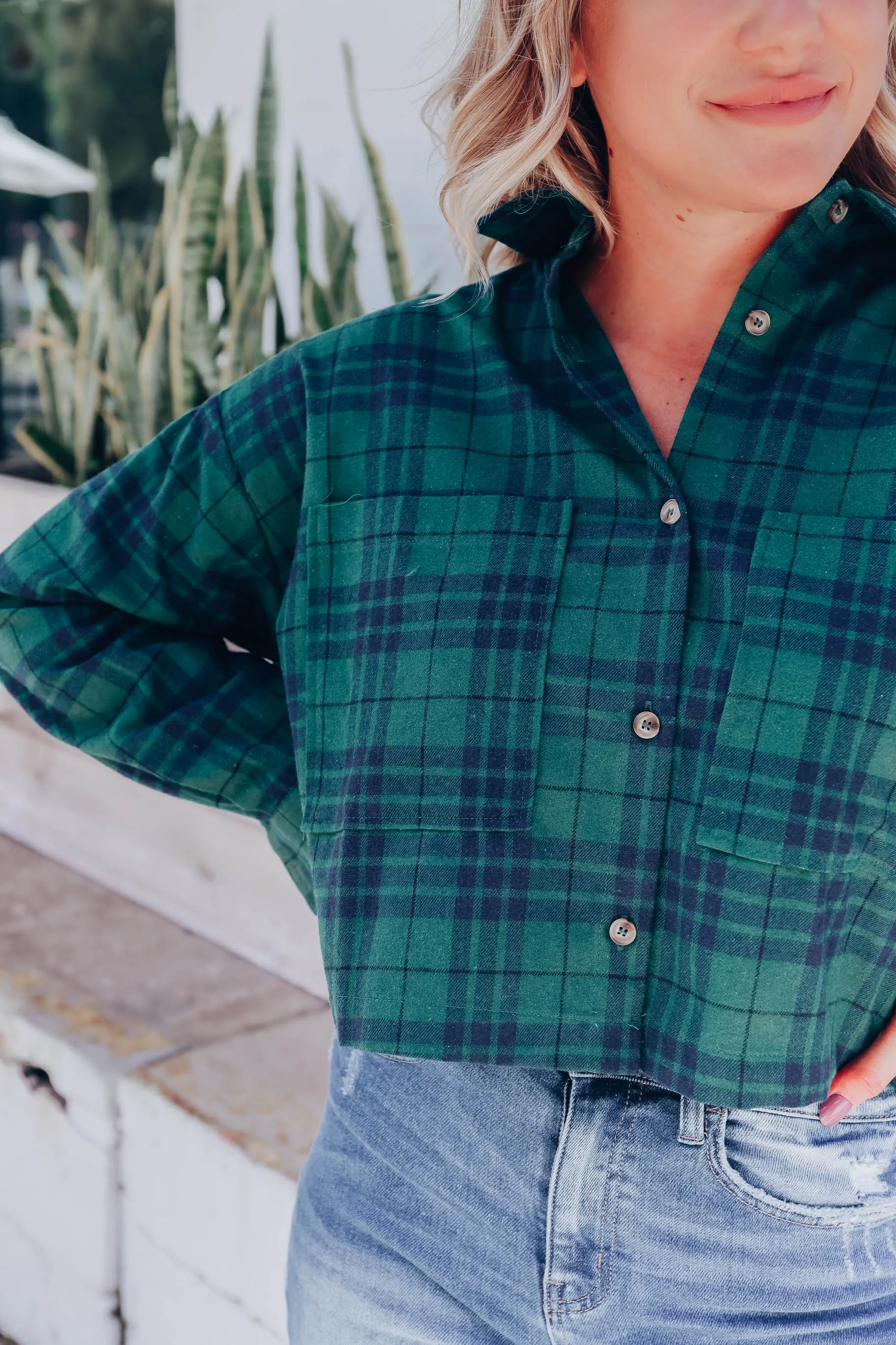 Be Sweet Cropped Flannel Shirt - Green