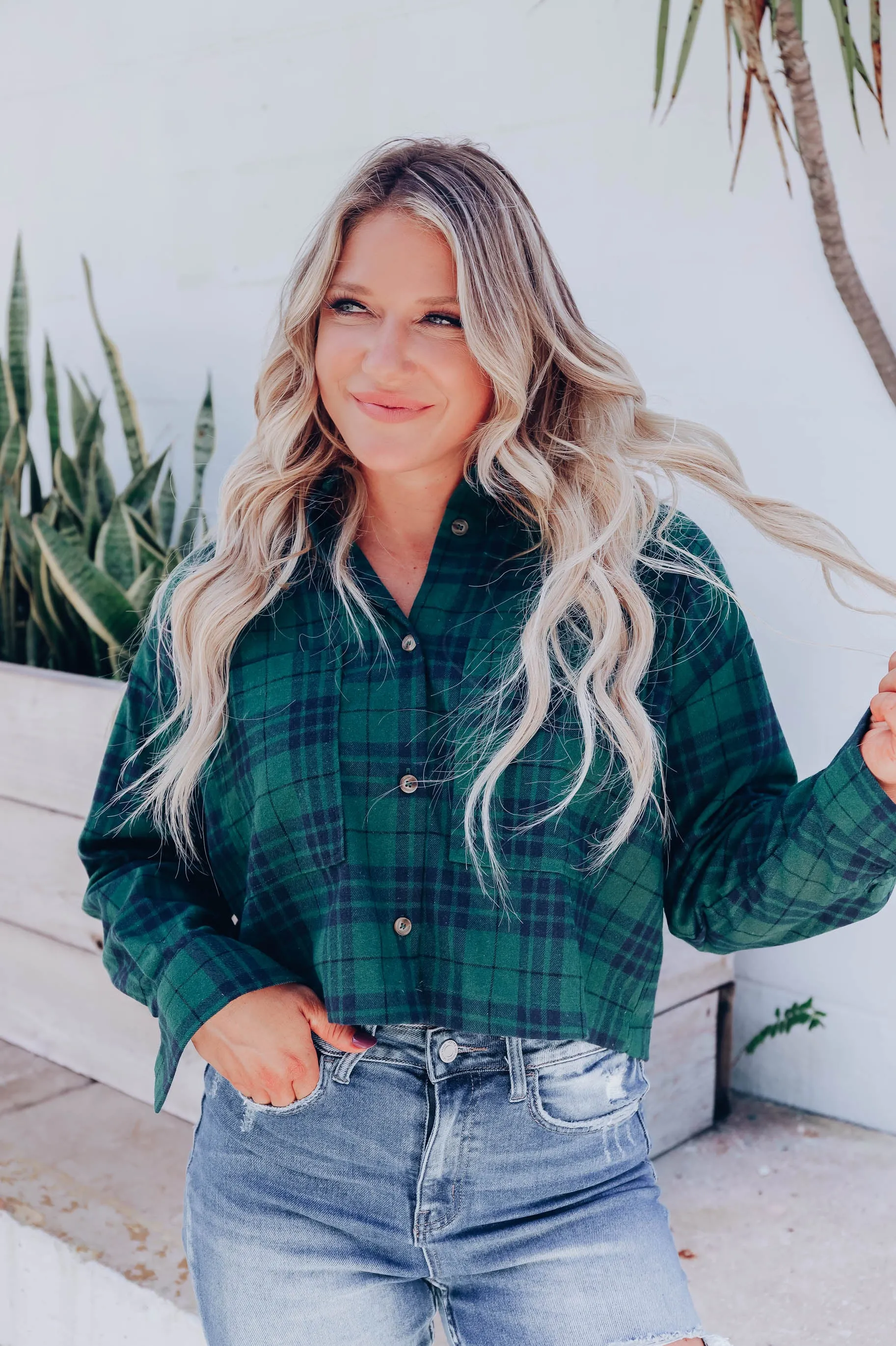 Be Sweet Cropped Flannel Shirt - Green