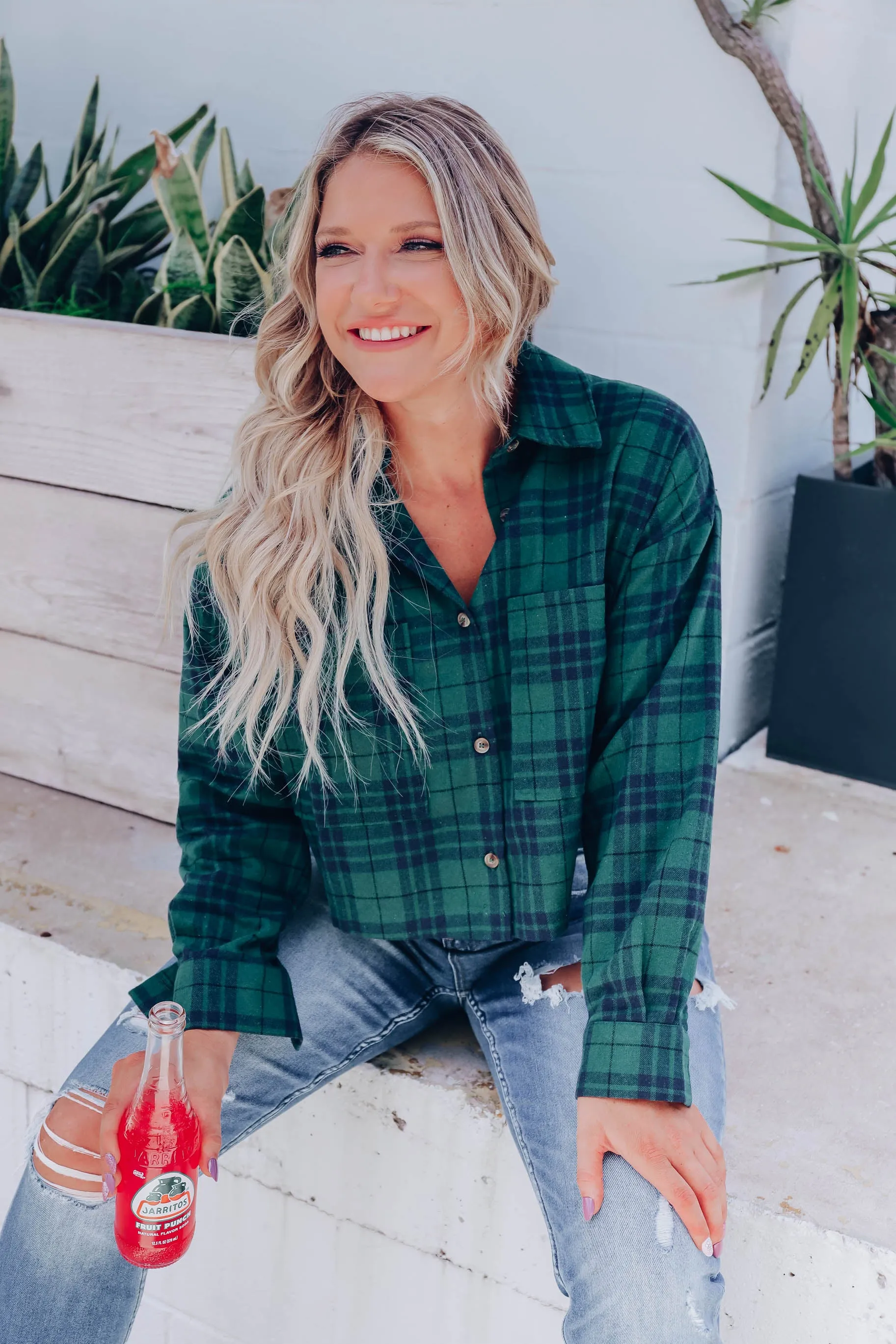 Be Sweet Cropped Flannel Shirt - Green