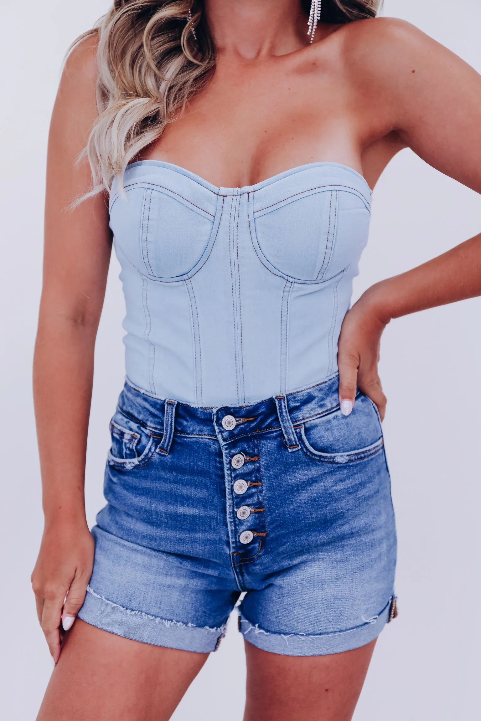 Daring Denim Strapless Bodysuit - Light