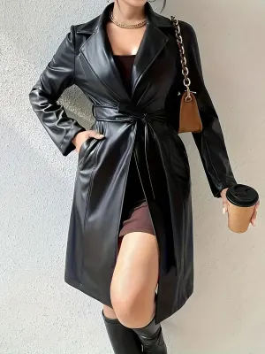 Elegant Womens PU Leather Belted Longline Coat