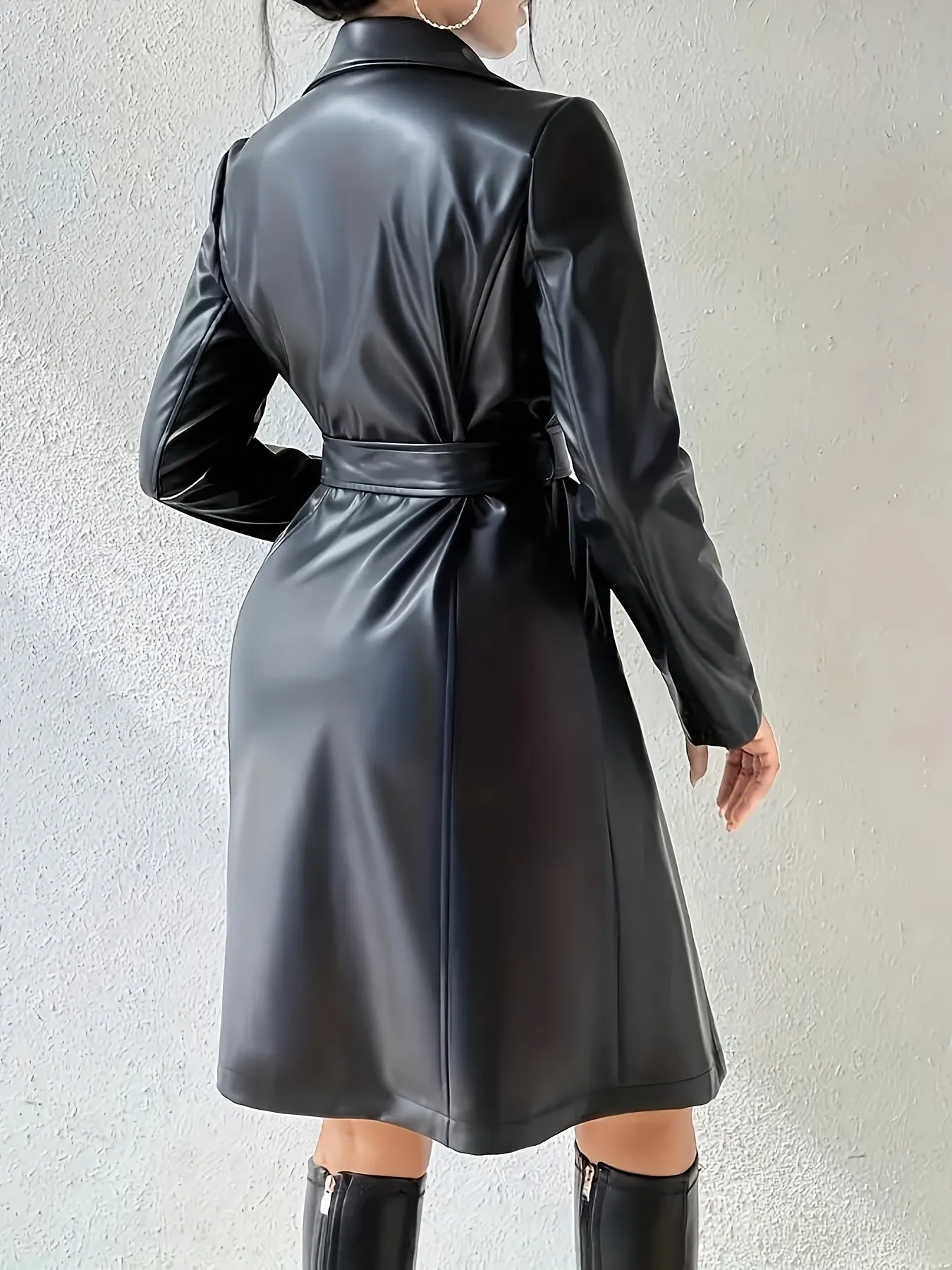 Elegant Womens PU Leather Belted Longline Coat