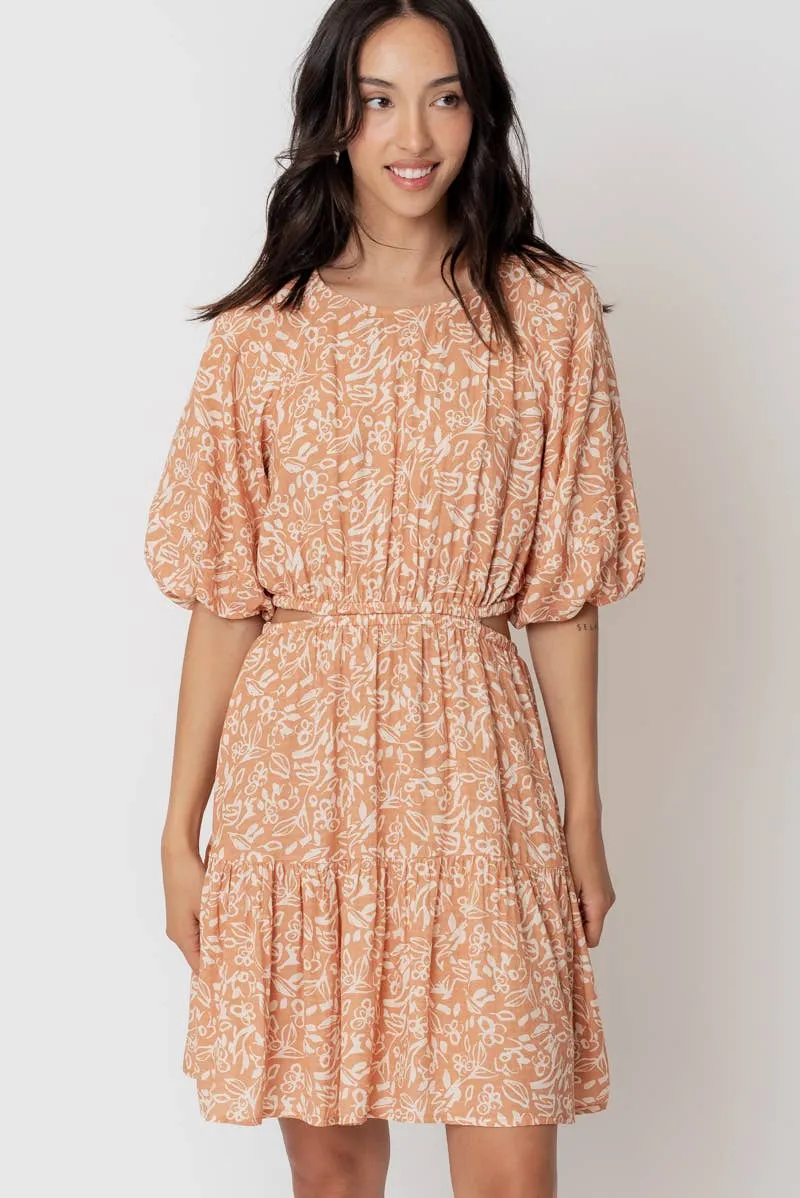 En Crème Light Brown Balloon Sleeve Mini Dress with Back Buttons