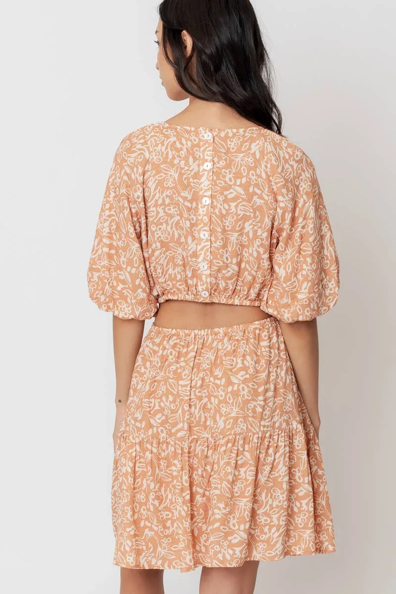 En Crème Light Brown Balloon Sleeve Mini Dress with Back Buttons