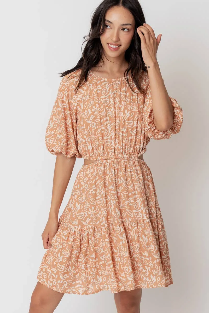 En Crème Light Brown Balloon Sleeve Mini Dress with Back Buttons
