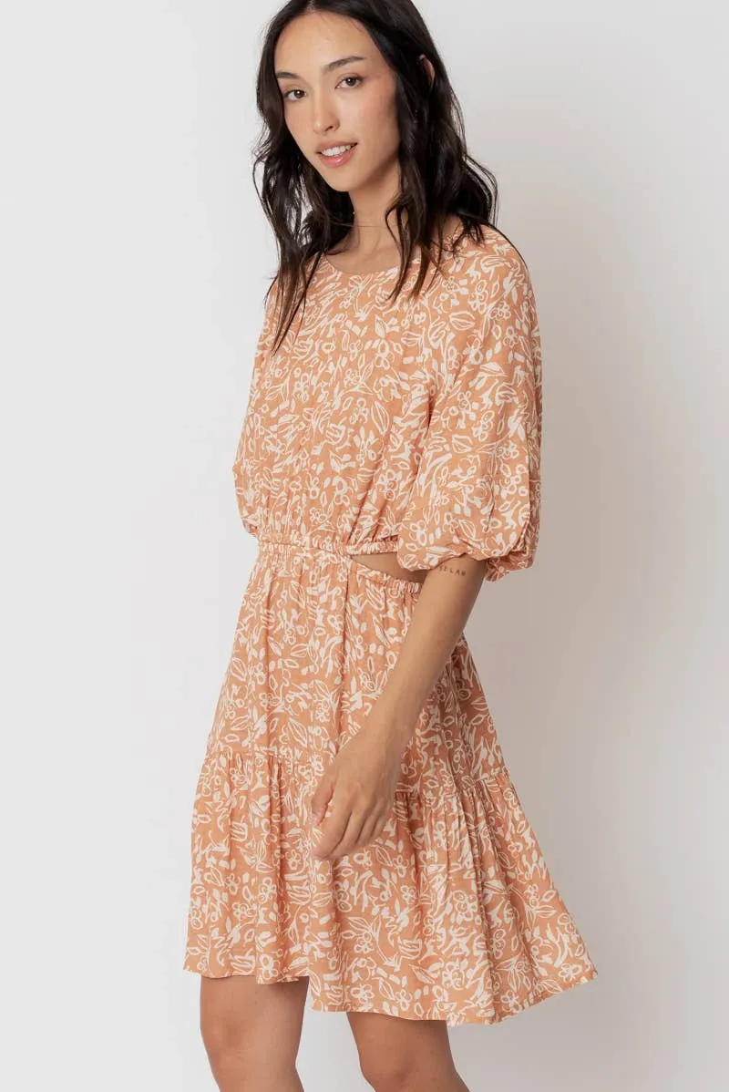 En Crème Light Brown Balloon Sleeve Mini Dress with Back Buttons