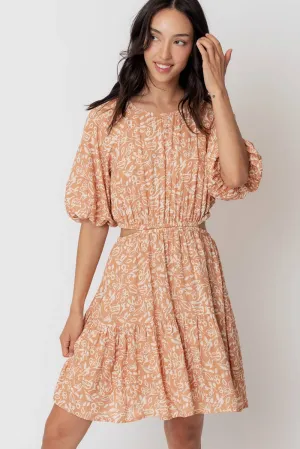 En Crème Light Brown Balloon Sleeve Mini Dress with Back Buttons