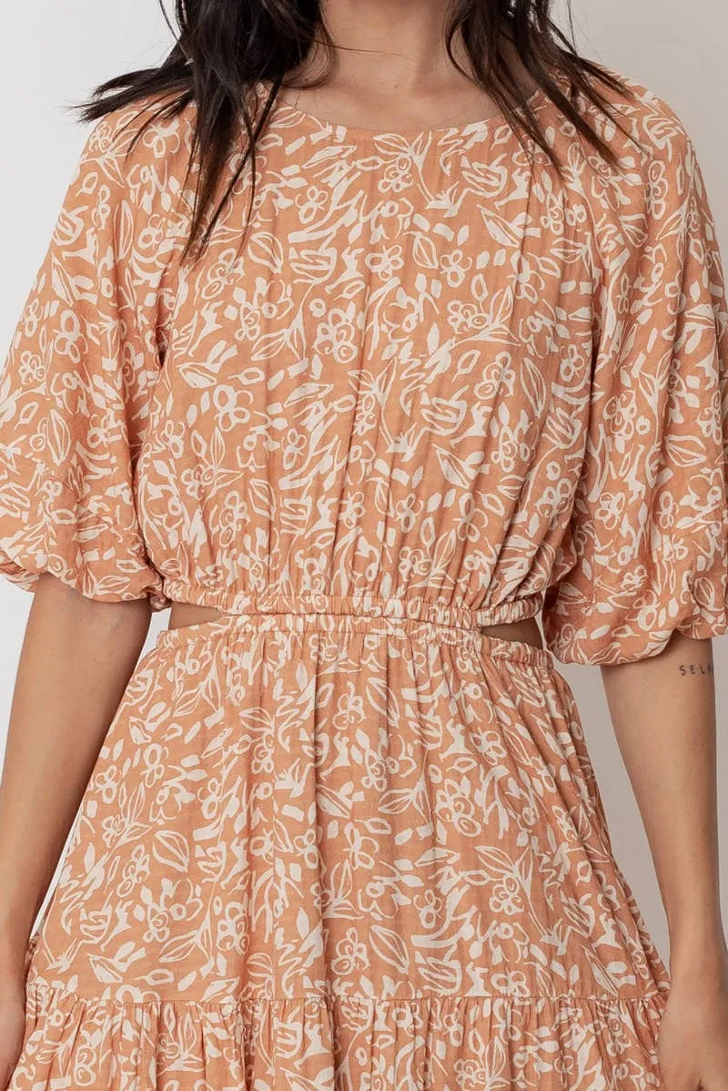 En Crème Light Brown Balloon Sleeve Mini Dress with Back Buttons