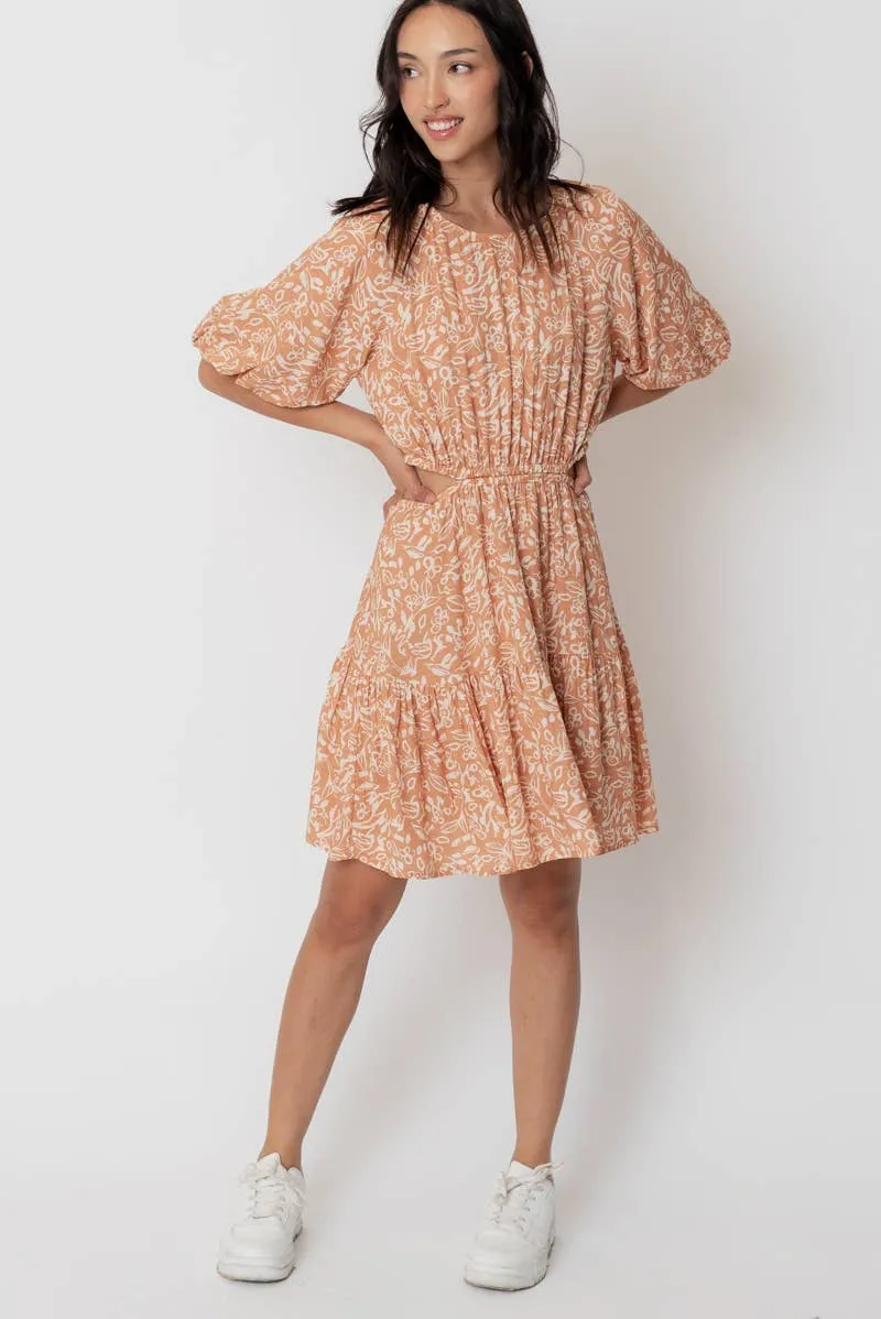 En Crème Light Brown Balloon Sleeve Mini Dress with Back Buttons