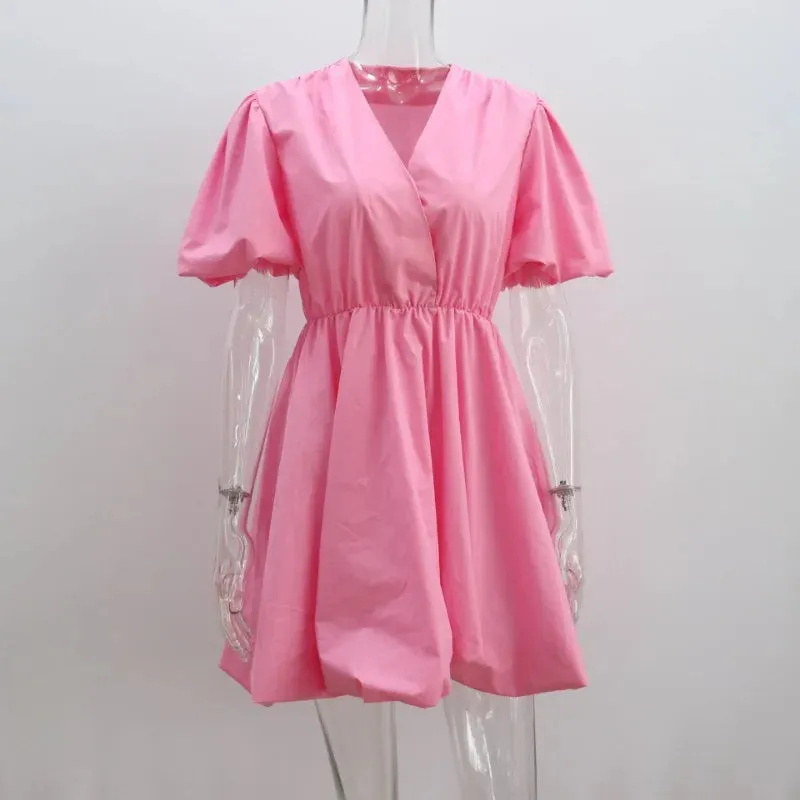 European and American Lantern Sleeve Mini Flare Dress – Sexy Pleated V-Neck A-Line for Romantic Evenings & All-Day Style