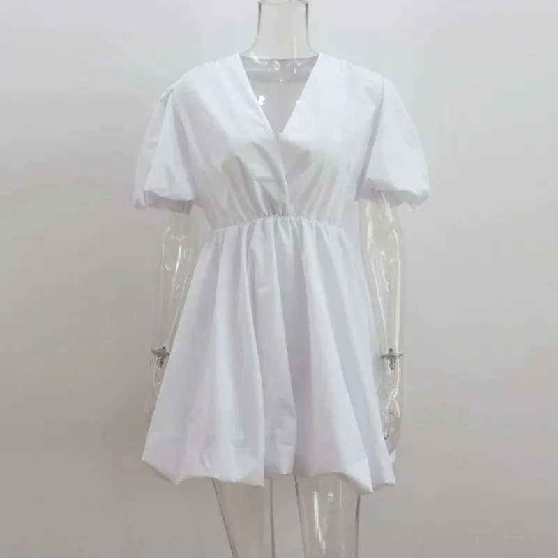 European and American Lantern Sleeve Mini Flare Dress – Sexy Pleated V-Neck A-Line for Romantic Evenings & All-Day Style