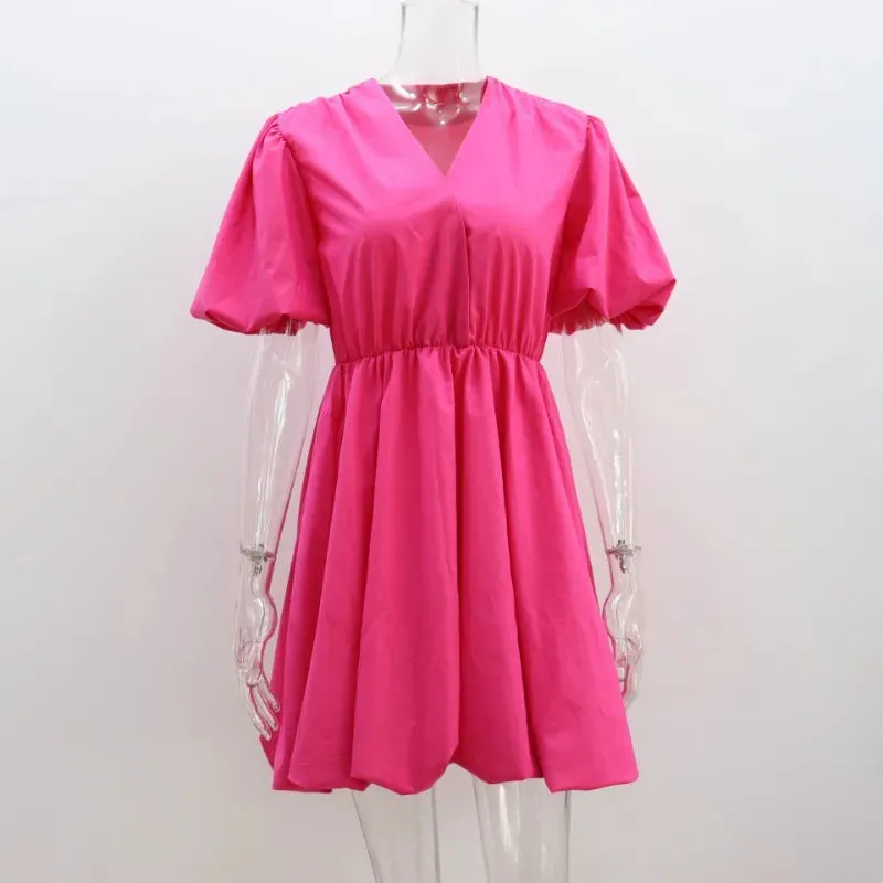 European and American Lantern Sleeve Mini Flare Dress – Sexy Pleated V-Neck A-Line for Romantic Evenings & All-Day Style