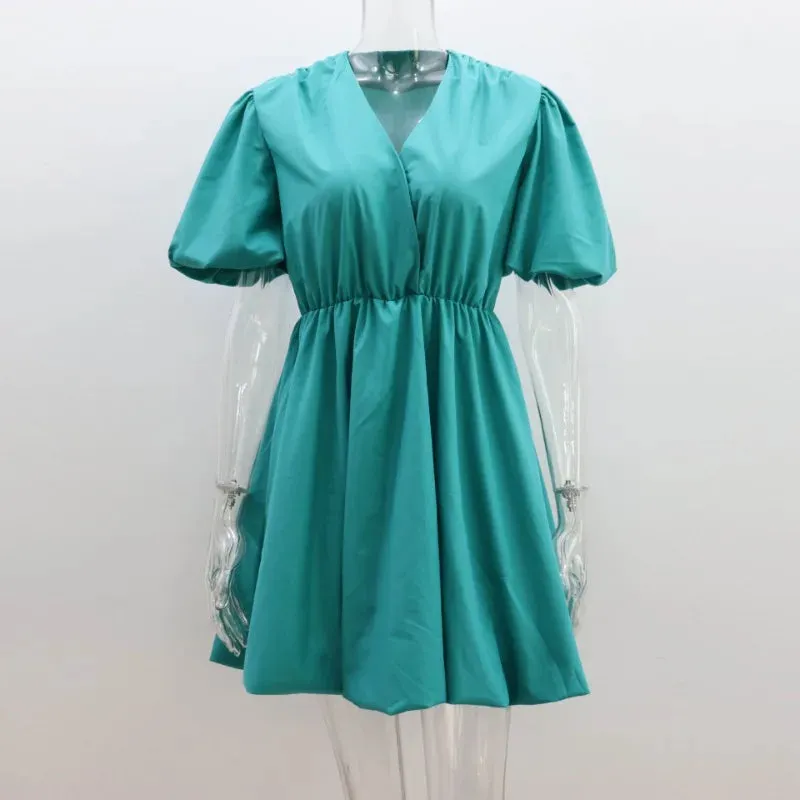 European and American Lantern Sleeve Mini Flare Dress – Sexy Pleated V-Neck A-Line for Romantic Evenings & All-Day Style