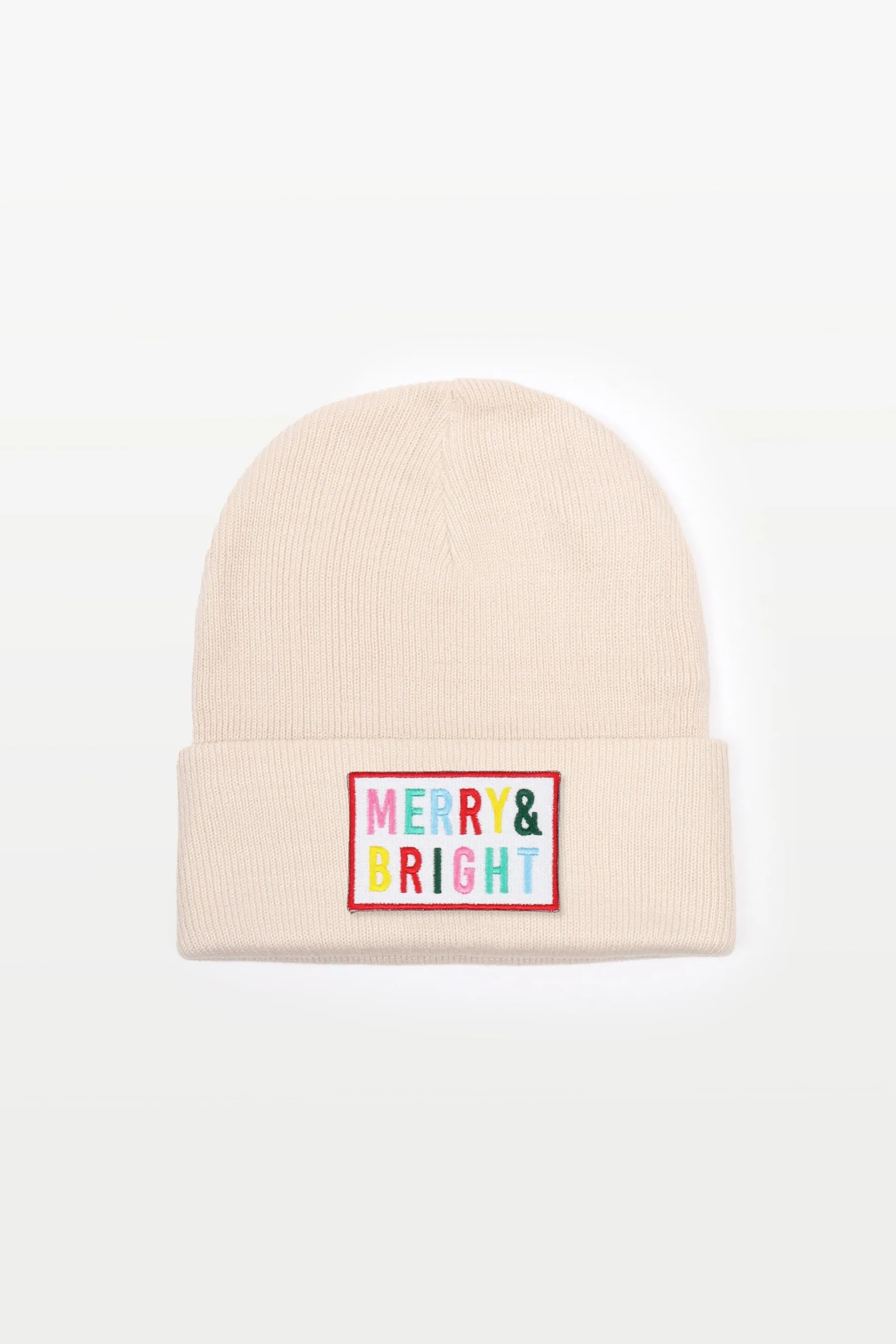 MERRY & BRIGHT Embroidery Patch Christmas Beanie in Beige