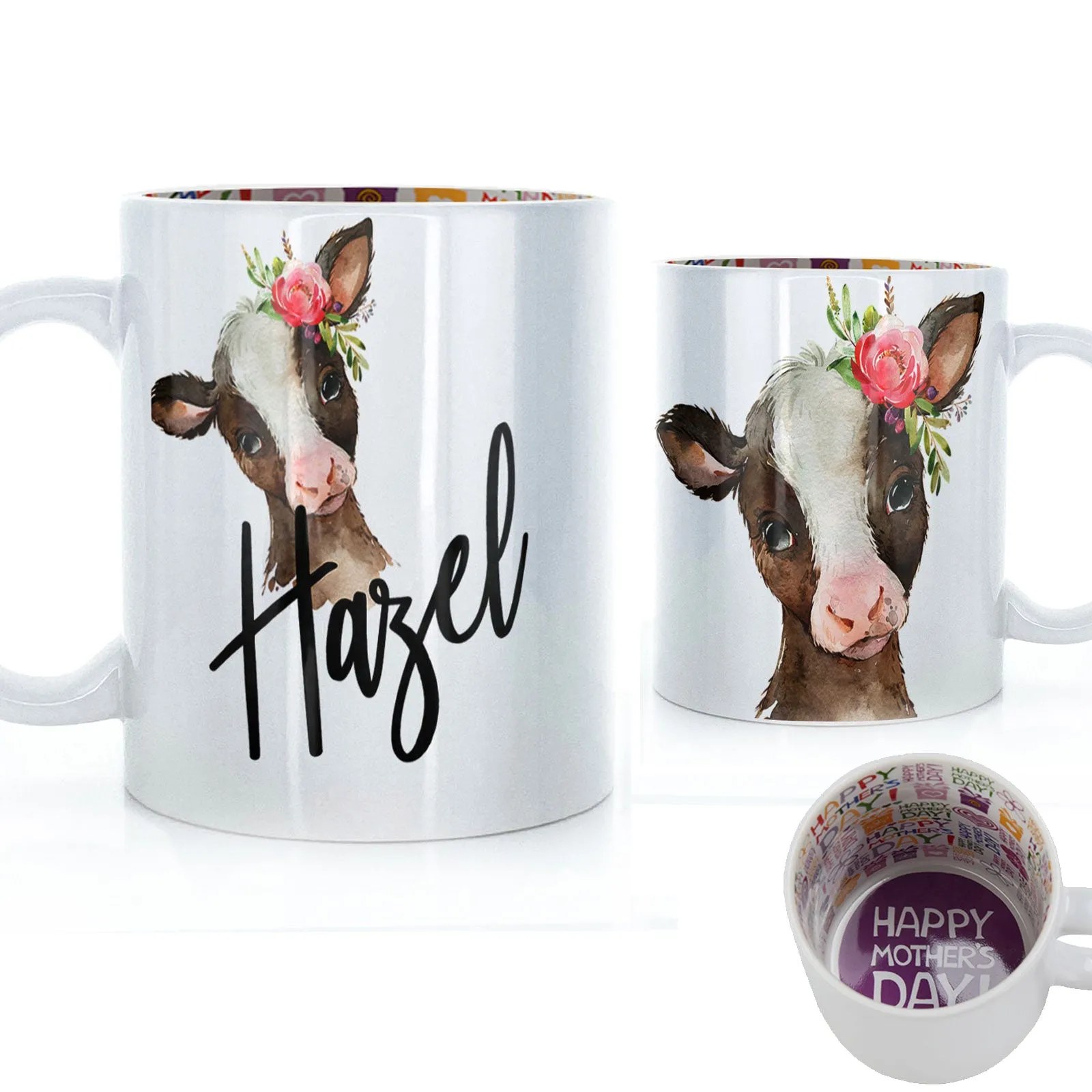 Personalised Mug with Stylish Text and Pink Flower Brown Cow