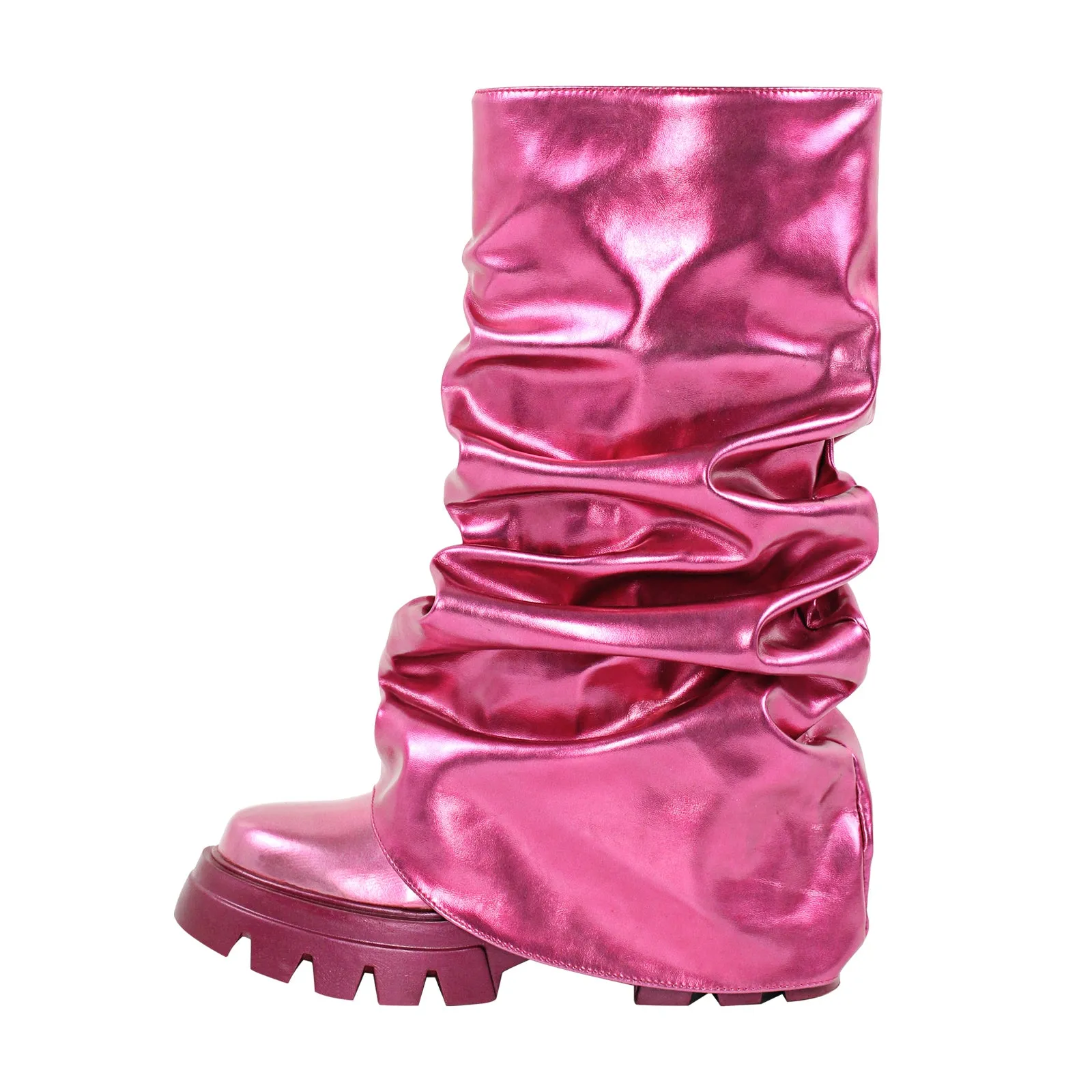 Round Toe Pleated Fold Over Mid-Calf Boots