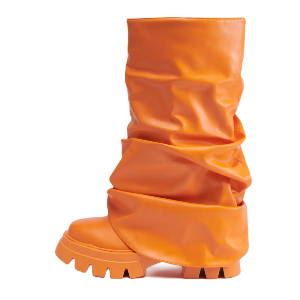 Round Toe Pleated Fold Over Mid-Calf Boots