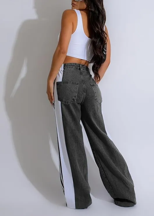 Streetwear Wide-Leg Denim Trousers – Summer High Waist Elastic Color Block Three-Stripe Straight Patchwork Pants
