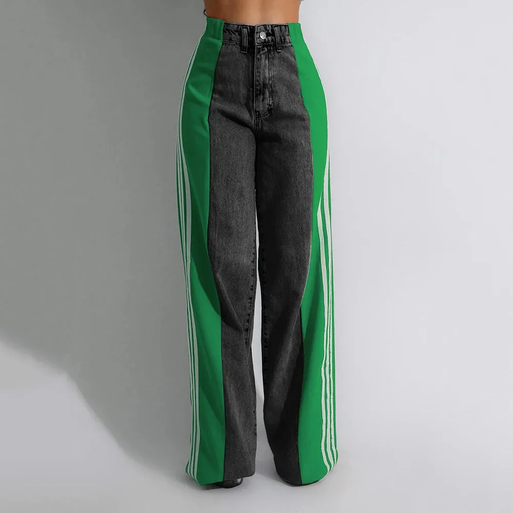 Streetwear Wide-Leg Denim Trousers – Summer High Waist Elastic Color Block Three-Stripe Straight Patchwork Pants