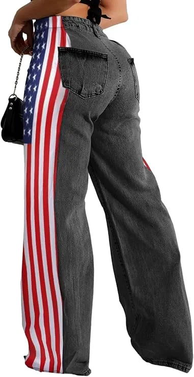 Streetwear Wide-Leg Denim Trousers – Summer High Waist Elastic Color Block Three-Stripe Straight Patchwork Pants