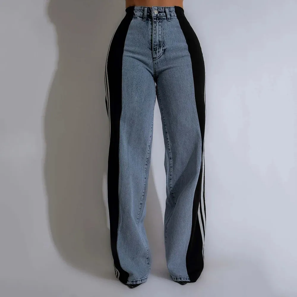 Streetwear Wide-Leg Denim Trousers – Summer High Waist Elastic Color Block Three-Stripe Straight Patchwork Pants