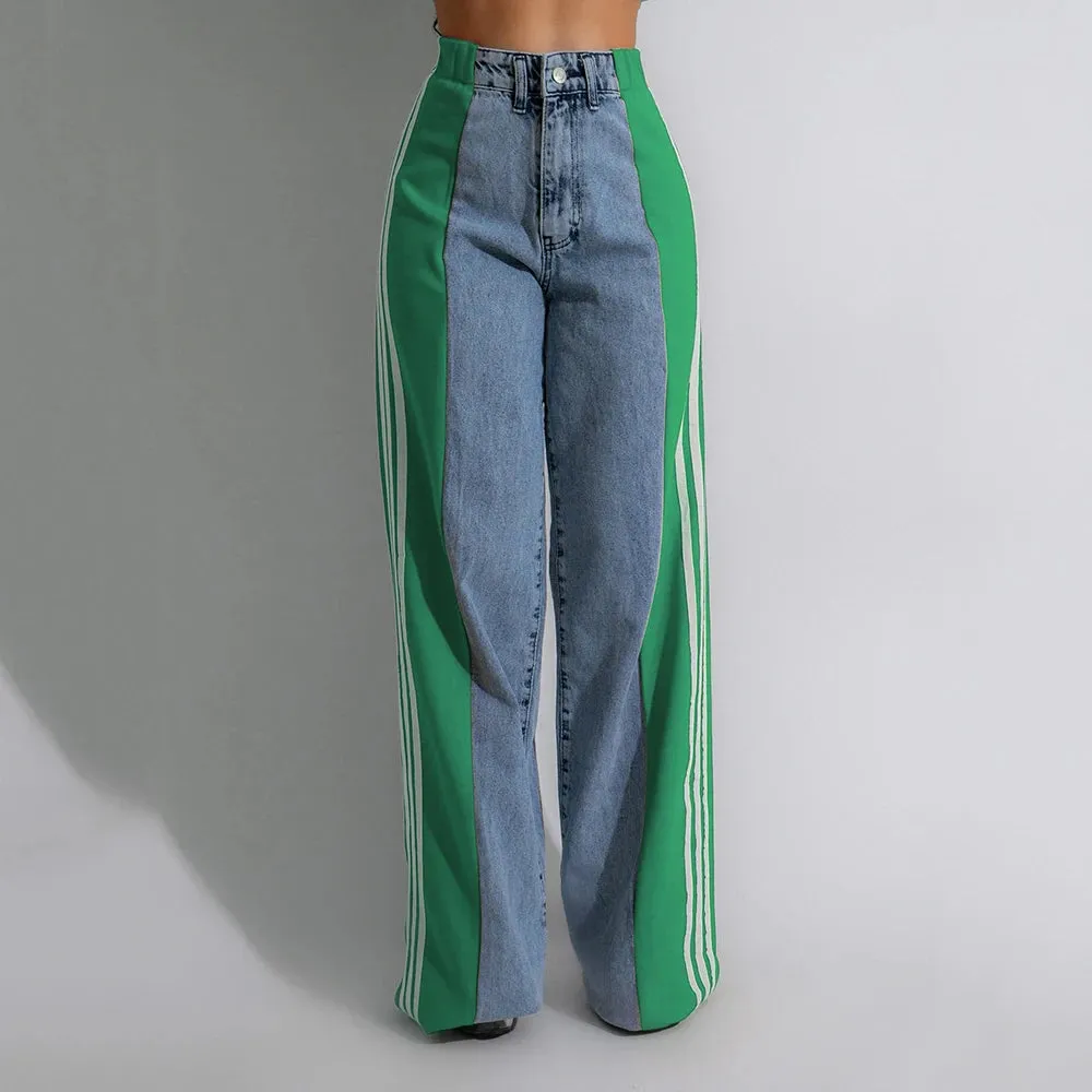 Streetwear Wide-Leg Denim Trousers – Summer High Waist Elastic Color Block Three-Stripe Straight Patchwork Pants