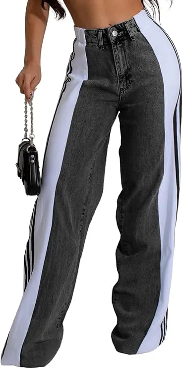 Streetwear Wide-Leg Denim Trousers – Summer High Waist Elastic Color Block Three-Stripe Straight Patchwork Pants