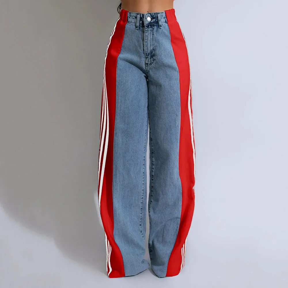 Streetwear Wide-Leg Denim Trousers – Summer High Waist Elastic Color Block Three-Stripe Straight Patchwork Pants
