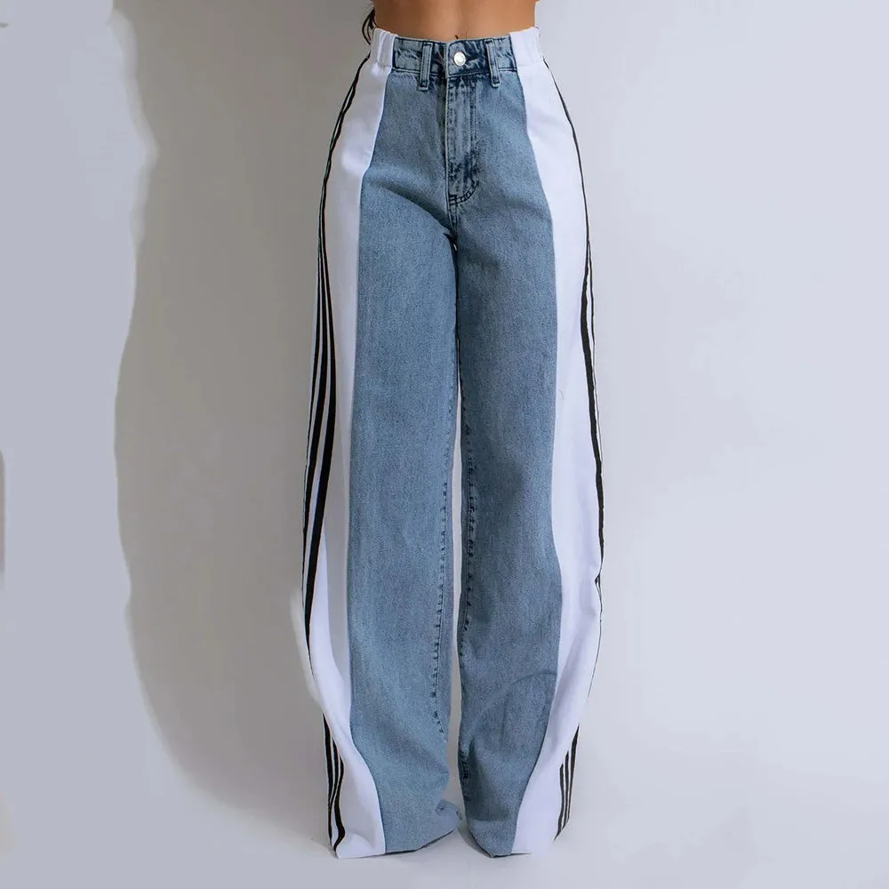 Streetwear Wide-Leg Denim Trousers – Summer High Waist Elastic Color Block Three-Stripe Straight Patchwork Pants