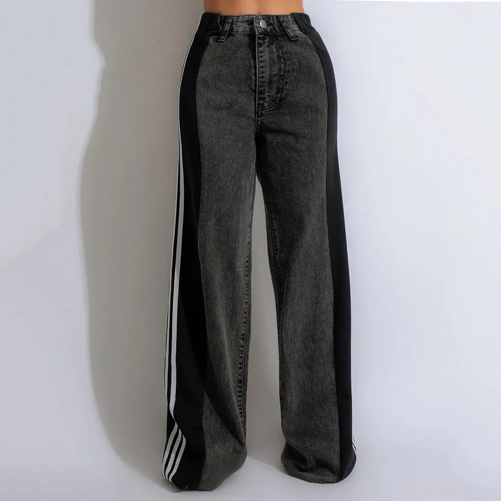 Streetwear Wide-Leg Denim Trousers – Summer High Waist Elastic Color Block Three-Stripe Straight Patchwork Pants