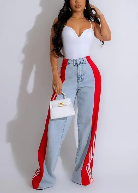 Streetwear Wide-Leg Denim Trousers – Summer High Waist Elastic Color Block Three-Stripe Straight Patchwork Pants