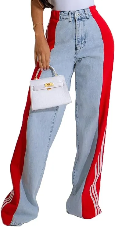 Streetwear Wide-Leg Denim Trousers – Summer High Waist Elastic Color Block Three-Stripe Straight Patchwork Pants