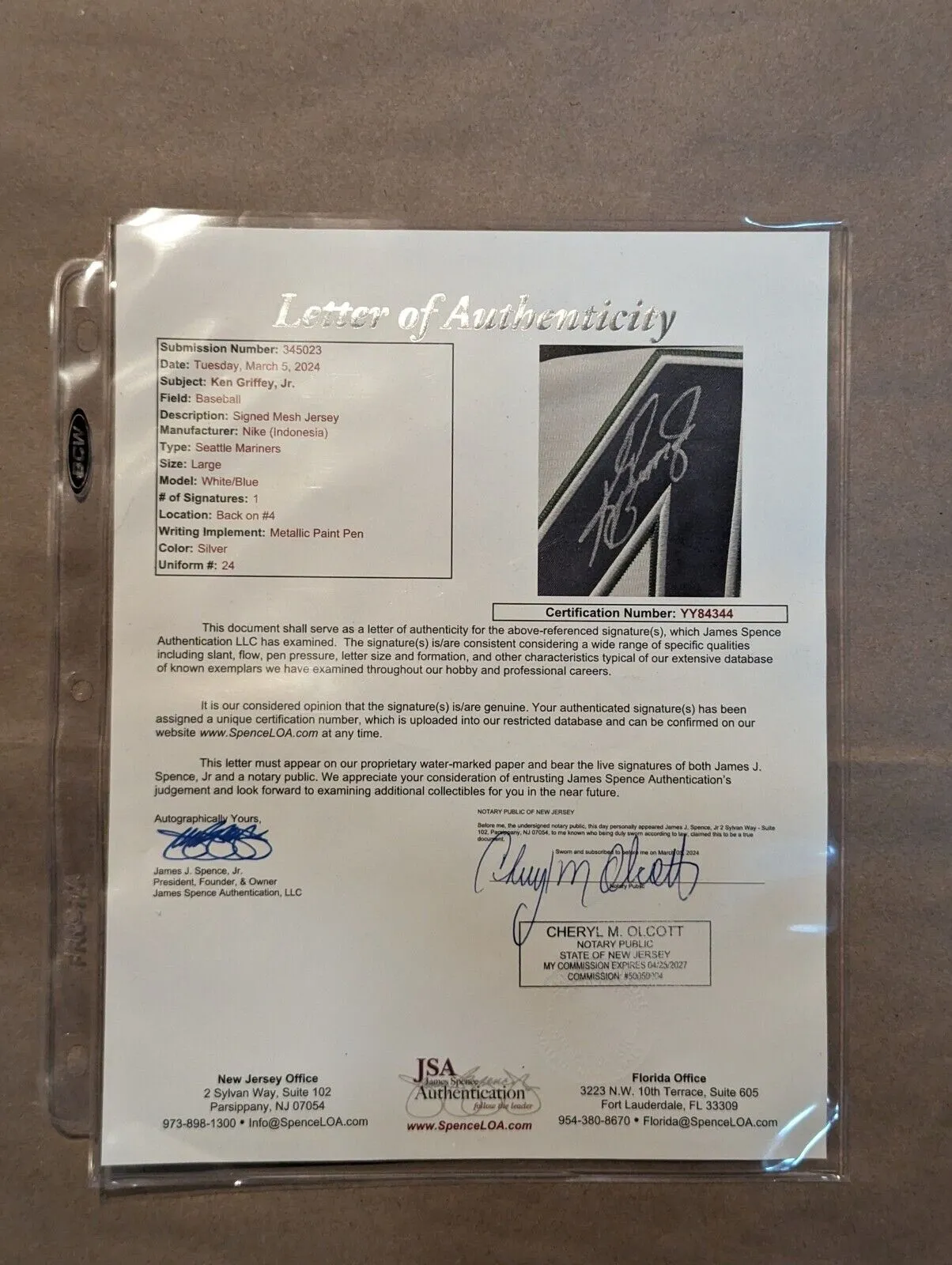 SUEDE FRAMED SEATTLE MARINERS KEN GRIFFEY JR AUTOGRAPHED JERSEY JSA CERT LETTER