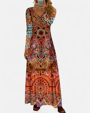 Verity – Boho Floral Maxi Dress with V Neck & Long Sleeves