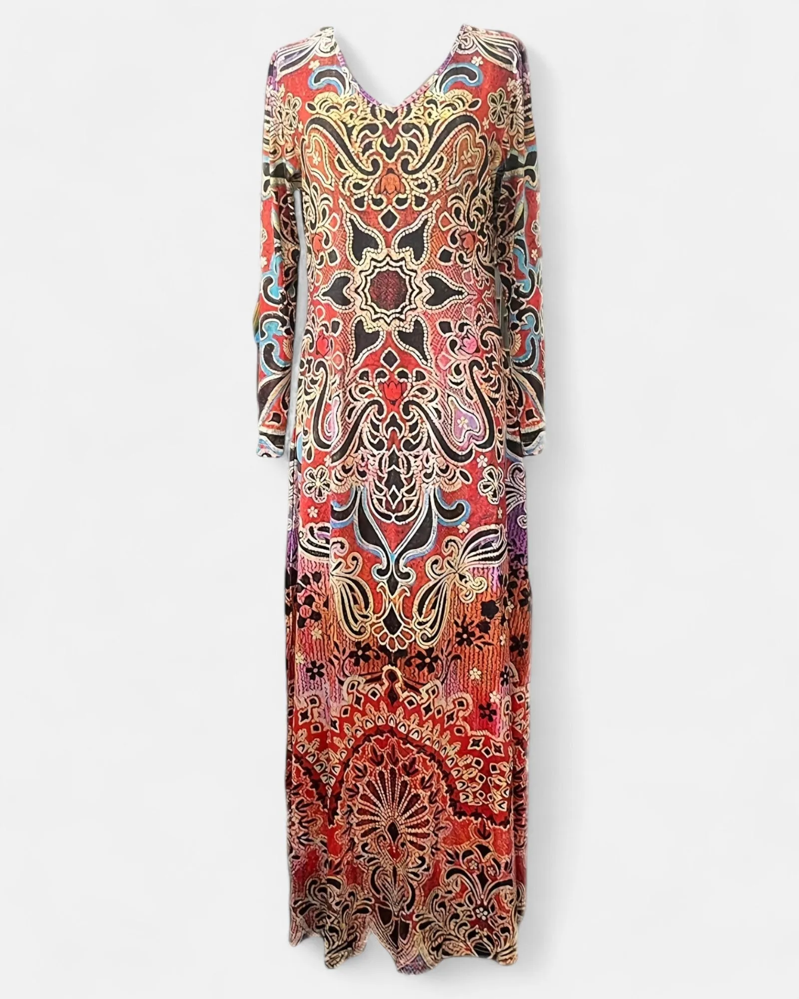 Verity – Boho Floral Maxi Dress with V Neck & Long Sleeves