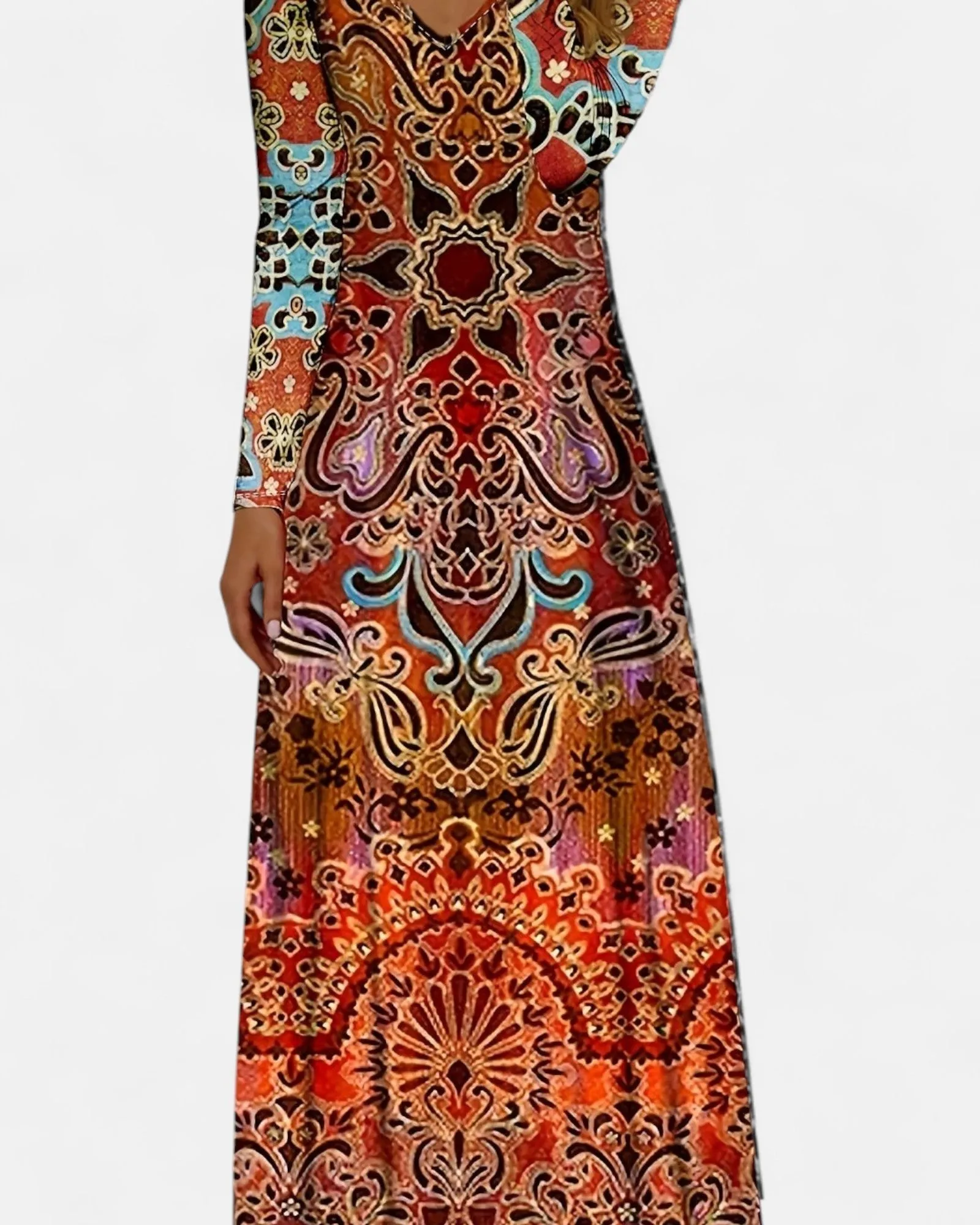 Verity – Boho Floral Maxi Dress with V Neck & Long Sleeves